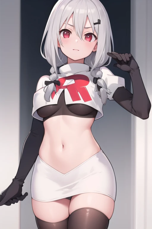 masterpiece, best quality, highres, 1girl, virtual youtuber, bangs, breasts, eyebrows visible through hair, hair between eyes, hair ornament, hair ribbon, hairclip, looking at viewer, red eyes, solo, bangs between eyes, grey hair, gray hair, white hair, me...