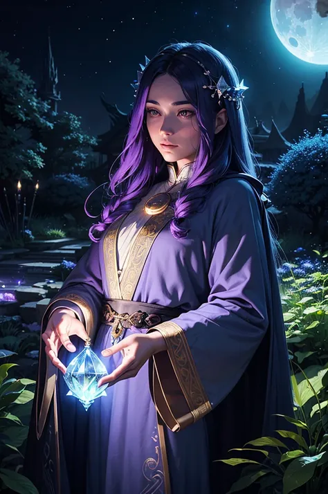 a lunar priest in a mystical garden, detailed face, long hair, robe, holding a glowing crystal, celestial night sky, glowing moon, fantasy, digital art, highly detailed, cinematic lighting, vibrant colors, intricate details