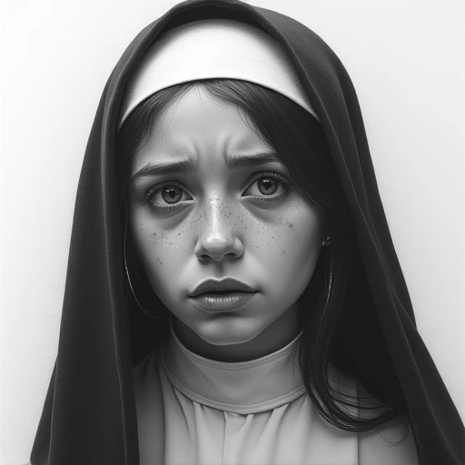 Pencil Drawing de carbón, 8K,  better quality,  Black and white drawing , Drawing of a very young and beautiful Catholic nun very sad, Crying a lot.,  drawn in artgerm style , art sketch, Realistic sketch, pencil drawing, pencil drawing,  Black and white d...