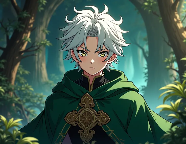 Sayer, score_9, score_8_above, score_7_above, 1 young man, Alone, Medieval green and black clothing,  white hair,  anime style 
