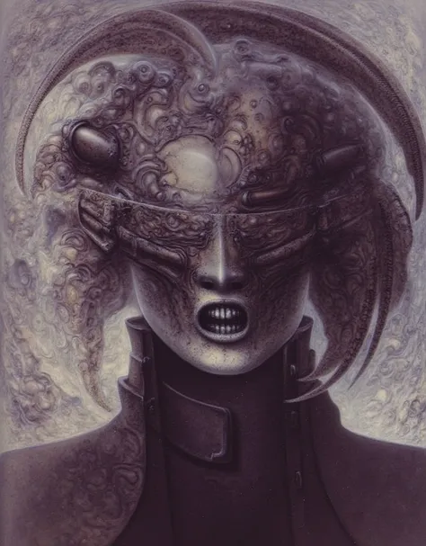 H. R. Gigers g1g3r, , The image  is a classic piece of biomechanical art by H.R. Giger. , , (Triadic:1.1), (Proportion:1.1),  , (Reflected light:1.2), Parchment, ultra detailed, intricate,, dry b (best quality:1.4), H.R. GIGER,  BY GIGER