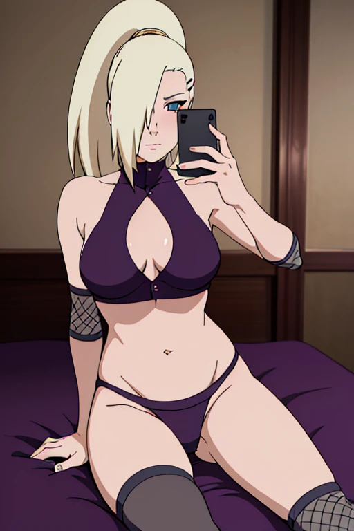 ((  better quality)), ((  masterpiece)), (( Detailed )), Perfect face, Yamanaka Ino, usando lingerie black ajustada, lingerie sexy,  in the room , bed, provocative,  Do you take a selfie in the mirrorHigh resolution,  masterpiece, necessary, La  better qua...