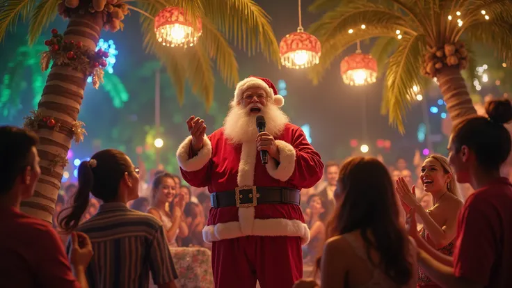 Show Santa Claus singing karaoke at a tropical Christmas party in the Philippines. He’s holding a microphone, surrounded by cheerful people, fairy lights, and a decorated coconut tree.