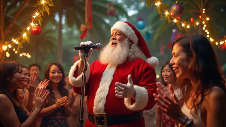 Show Santa Claus singing karaoke at a tropical Christmas party in the Philippines. He’s holding a microphone, surrounded by cheerful people, fairy lights, and a decorated coconut tree.