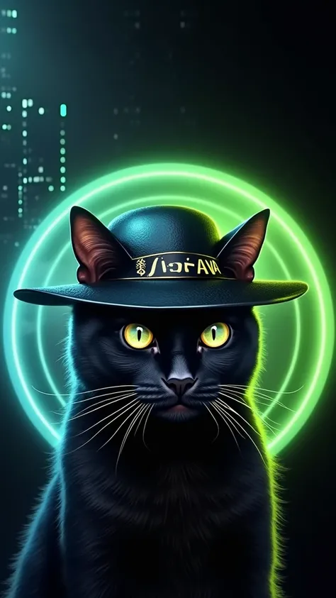 A black cat with solana blockchain hat