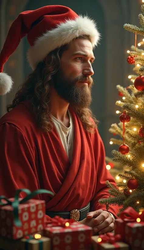 Jesus Christ wearing a Christmas hat ,  Christmas-themed sledges ,  spiritual and universal,  Christmas tree, Christmas gifts