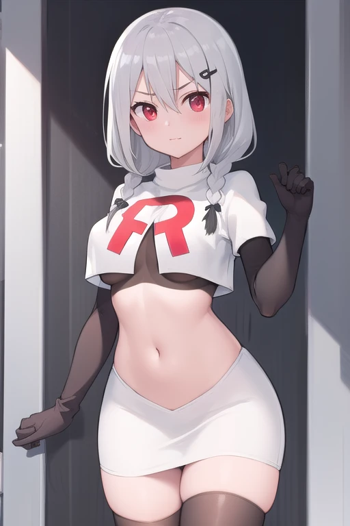 masterpiece, best quality, highres, 1girl, virtual youtuber, bangs, breasts, eyebrows visible through hair, hair between eyes, hair ornament, hair ribbon, hairclip, looking at viewer, red eyes, solo, bangs between eyes, grey hair, gray hair, white hair, me...