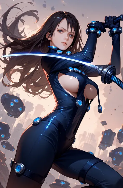 Reika shimohira in gantz costume, bare breasts dynamic pose, dynamic angle holding gantz katana 
