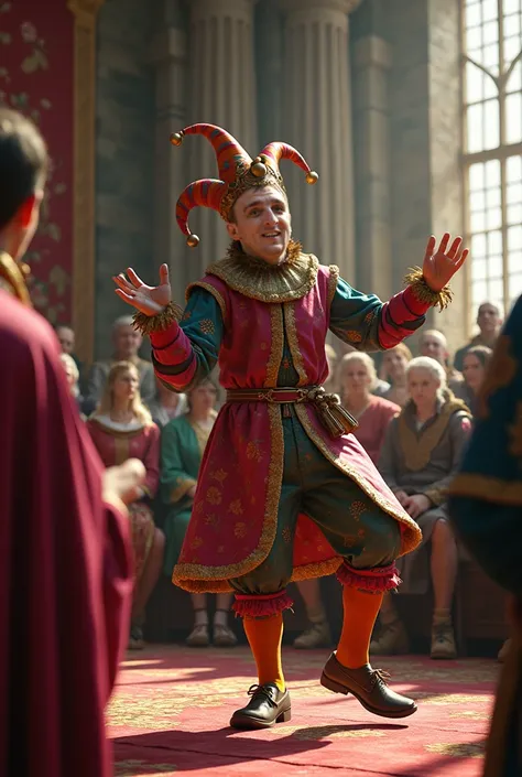 A court jester with a cap plays at King Arthurs court.