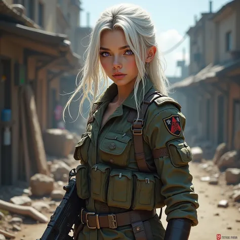 Girl with white hair and lilac eyes dressed in a rustic tactical military uniform with a gun and that I have a strong look and that is realistic oil painting realistic digital art