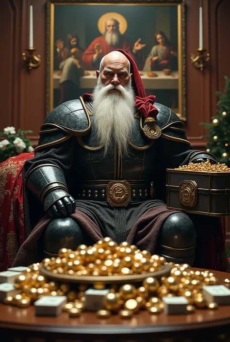 Super strong Santa
Sitting in a black choir armour
Coffee table filled with money and treasures, gold and diamond
Holy Supper painting in the background 
Diseases holding cash suitcases on the side 