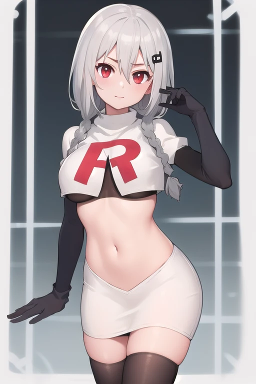 masterpiece, best quality, highres, 1girl, virtual youtuber, bangs, breasts, eyebrows visible through hair, hair between eyes, hair ornament, hair ribbon, hairclip, looking at viewer, red eyes, solo, bangs between eyes, grey hair, gray hair, white hair, me...