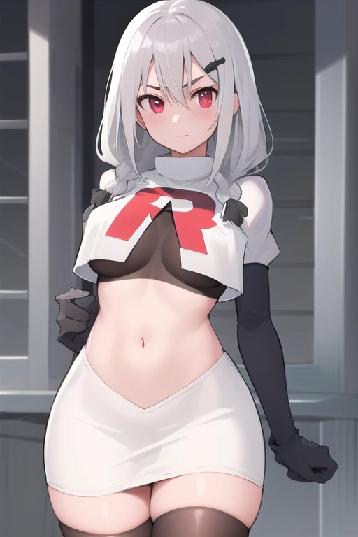 masterpiece, best quality, highres, 1girl, virtual youtuber, bangs, breasts, eyebrows visible through hair, hair between eyes, hair ornament, hair ribbon, hairclip, looking at viewer, red eyes, solo, bangs between eyes, grey hair, gray hair, white hair, me...