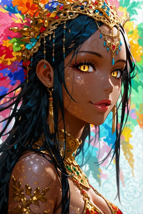 
1woman,(((dark skin))),(wild hair),(long hair),black hair,(((golden eyes))),standing,(cleavage),looking at the viewer,happy,
((expressive eyes, long eyelashes)),(bikini armor),detailed eyes