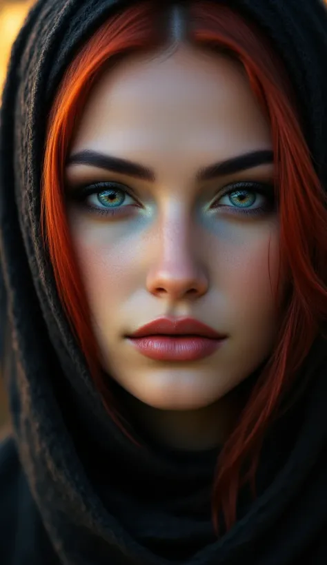 (extreme closeup:1.37), portrait of a woman,dark scarf on head, the same dark scarf covers neck, beautiful dark green eyes, dark red hair, few strands of hairs falling on face, small lips, beautiful detailed eyes with little magical sparkle in pupils , (be...