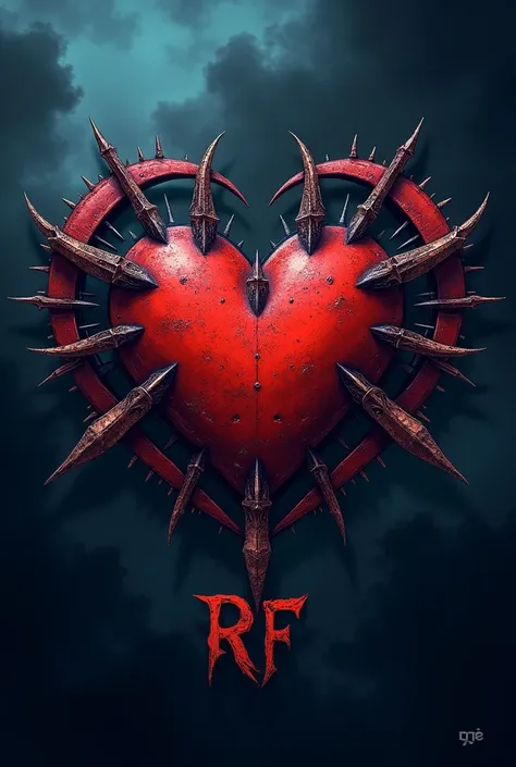 
A HEART PIRATE logo that has RF and a phrase that says  "RED FANGS "  with blue, black and orange colors predominating blue and black 




