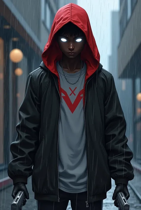 Totally black-skinned teen boy 18 years old strong body anime, wearing red helmet with thin white eyes that covers the entire head,  clothes dark black open hoodie inside a light gray shirt with red symbol wearing black gloves on his hands silver chain, ca...