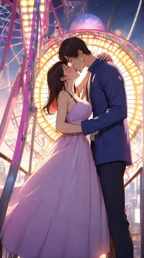 (NSFW, Masterpiece, 4k high resolution, super high quality, Detailed drawing, Lighting that creates a moving emotional experience:1.5, Pretty lights up just for her, Romantic Orb:1.5, On Height difference couples first Ferris wheel date:1.5, A deep kiss th...