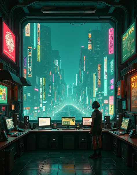 A cyberpunk digital artwork depicting a futuristic city at night, characterized by dense neon signs in various colors such as green, blue, yellow, pink, orange, and red. The central figure is a room, a technological room, with screens, decorated with poste...