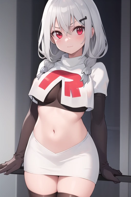 masterpiece, best quality, highres, 1girl, virtual youtuber, bangs, breasts, eyebrows visible through hair, hair between eyes, hair ornament, hair ribbon, hairclip, looking at viewer, red eyes, solo, bangs between eyes, grey hair, gray hair, white hair, me...