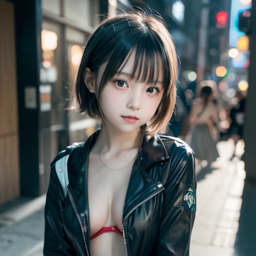 (((Beautiful girl small breasts))),Wearing a black jacket、Cyberpunk Red Green Background、(((Upper body naked))),smile,(((Small body))),(((Cute little sister))),１０age、Young、Elementary school girl、Round face,Big eyes, Round eyes、No makeup、Sweaty