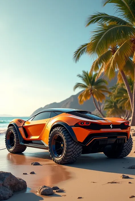  Realistic photo of a futuristic car made by Ferrari Motors,  orange and black rally car ,  beach with palm trees in the background , buggy with big wheels ,  futuristic off-road concept car 