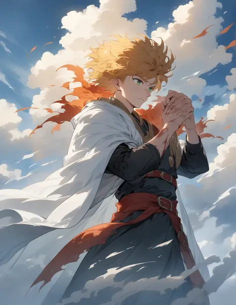  guy, brave, brave,  blond short hair in his hands,  green eyes , white haori, black gi with a red belt ,  full length ,  against the sky and clouds ,  two short blades on the belt, master of the wind ,  male focus,  wound , wind,  masterpiece fails,  top ...