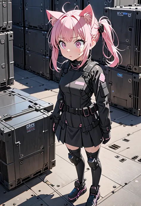 8K Ultra High-Quality, ultra-detailed, High quality, pink short hair, pig tail hair, pink eyes, cat ears, black tactical clothes, solderless suit, skirt, side view, talking, nervous expression, full body, military base