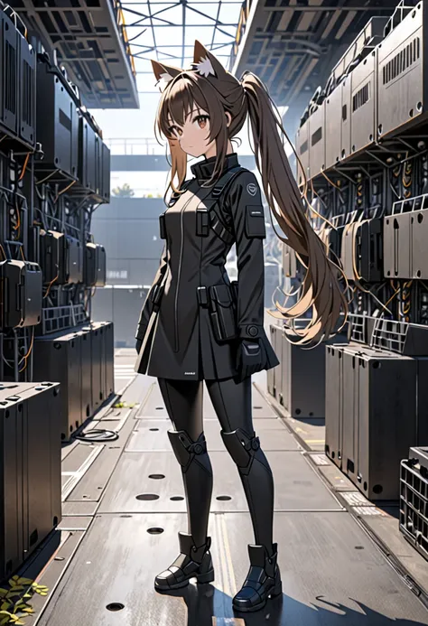 8K Ultra High-Quality, ultra-detailed, High quality, brown long hair, pony tail hair, brown eyes, cat ears, black tactical clothes, solderless suit, skirt, side view, full body, military base