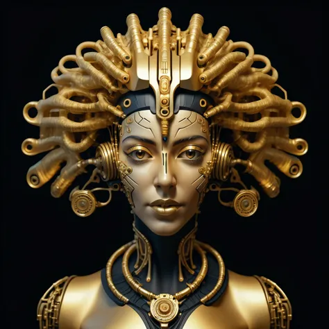 a portrait of a cyborg biomechanical woman with metallic golden curly short hair in an antic Egyptian style, mechanical implant, golden and black color, solid black background, majestic portrait, minimalism, high quality precision, antic Egyptian god style...