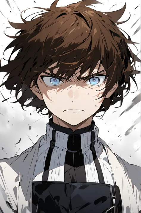 Boy, brown hair, light blue eyes,serious expressions, gloomy