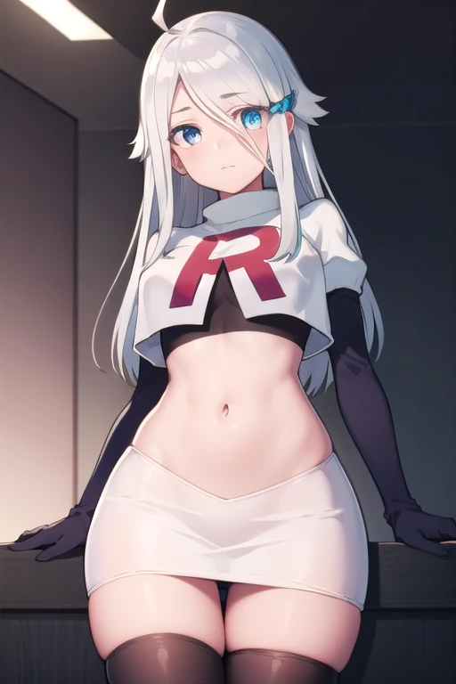 nayutakani, nayuta kani, long hair, blue eyes, white hair, hair ornament, ahoge, scrunchie, hair scrunchie, blue scrunchie, blush,
BREAK team rocket,team rocket uniform,white skirt,red letter R,crop top,black thigh-highs,black elbow gloves,
BREAK looking a...