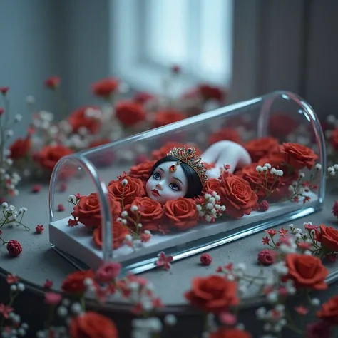 Tiny Vampire Empress Lying Down in a Glass coffin that filled with colorful flowers, Buried in Colorful roses, Gypsophila, Beautiful Reflective Eyes, Innocent, Tiara with brilliant Ruby, Leggy Full Body from DirectlyAbove,  (Red Roses Covering her Rocket-O...