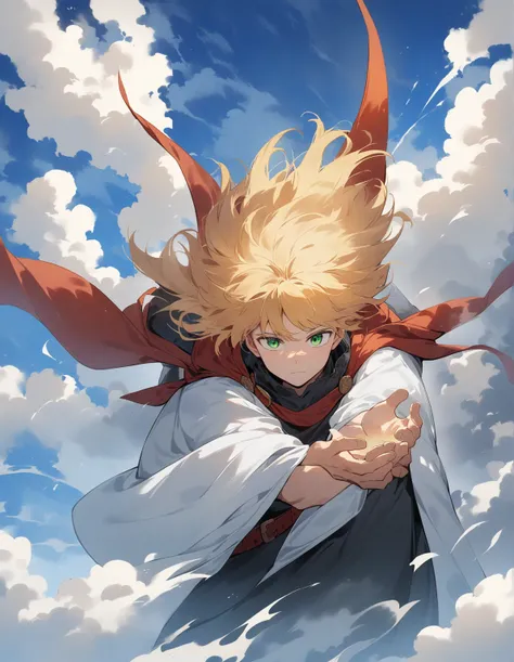  guy, brave, brave,  blond short hair in his hands,  green eyes , white haori, black gi with a red belt ,  full length ,  against the sky and clouds , master of the wind , Wind control,  masterpiece fails, epic