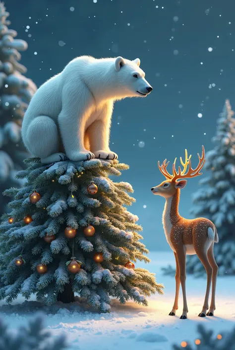 model of a polar bear sitting on a Christmas tree and a deer 