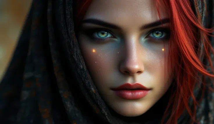 (extreme closeup to eyes:1.5), woman,dark scarf on head, the same dark scarf covers neck, beautiful dark green eyes, dark red hair, few strands of hairs falling on face, small lips, beautiful detailed eyes with magical sparkle in pupils, magical lighnings ...