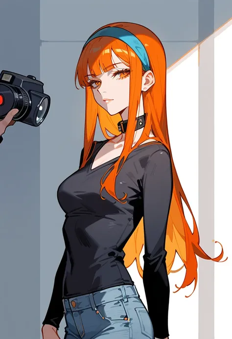 Artwork,,,,back view,adult female,single woman,alone,orange hair,long straight hair,long hair,short blunt bangs,golden orange eyes,half closed eyes,sullen smile,full lips,expressionless,pale skin,medium breasts,black suit with long sleeves with collar insi...