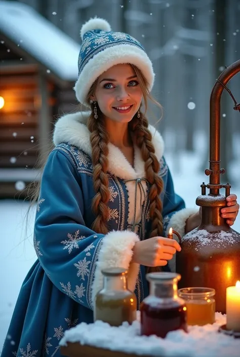 photorealistic and detailed breathtakingly beautiful young woman dressed as a Snow Maiden (Snegurochka), with a playful yet serene expression. She is wearing a traditional blue and white winter outfit, lined with soft fur, and adorned with intricate snowfl...