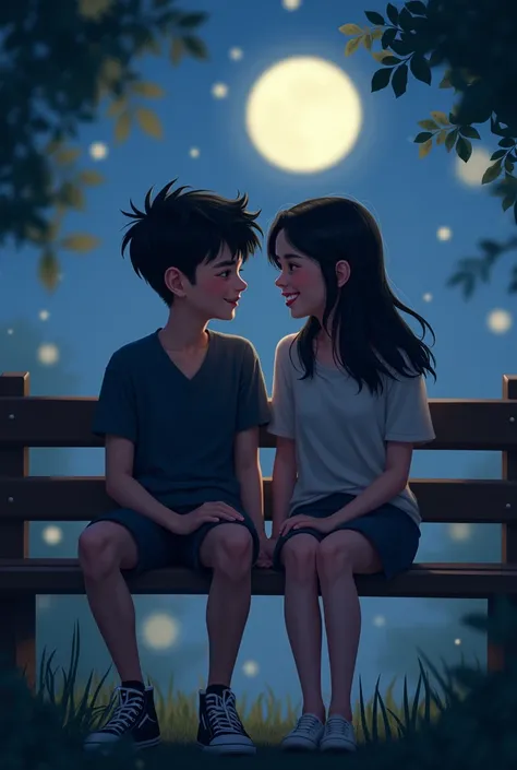 Boy and girl whit dark hair at night smiling and talking on the bench They have s make the photo more realistic 