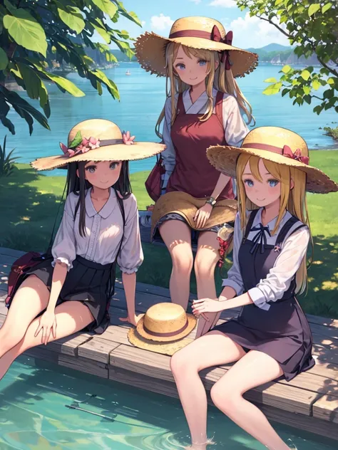 masterpiece,  top quality ,  high res,  very detailed,((( multiple girls))), ((( 3 girls)))、((( Straw Hat 。)))、(((smile)))、((( waterfront)))、 skirt,  shorts, plant