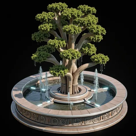 a sci fi futuristic tree fountain, metallic base, metal, glorious , neon lights on railing, circle, no background