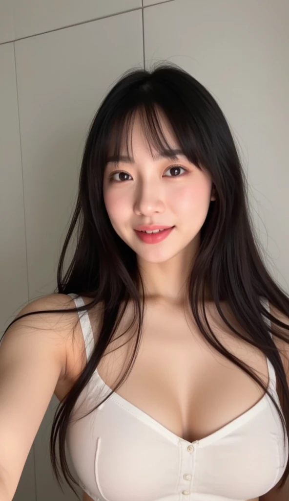 Amateur shot ,  a pov taking a selfie on Instagram a woman , Against a wall, without makeup,  light smile with slightly open mouth , she has long black hair with bangs, wearing a white bra, natural face, pele morena, face of a Brazilian woman
