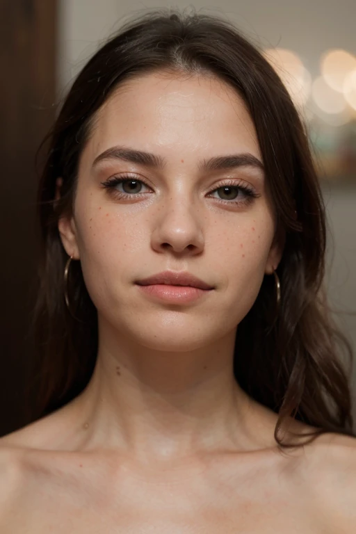 A photorealistic image of an Italian woman, 23 years old, with long slightly wavy brown hair, expressive and warm hazel eyes, beautiful natural thin lips, and subtle freckles. Her face is highly detailed with a natural look, glowing tanned skin, realistic ...