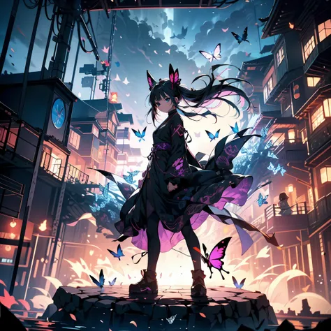 Ninja girl is standing on the surface, 1 girl, mask, Long hair,  Butterfly Tattoo , Calm down, NINJA STYLE LONG DRESS,  A blue butterfly flies around