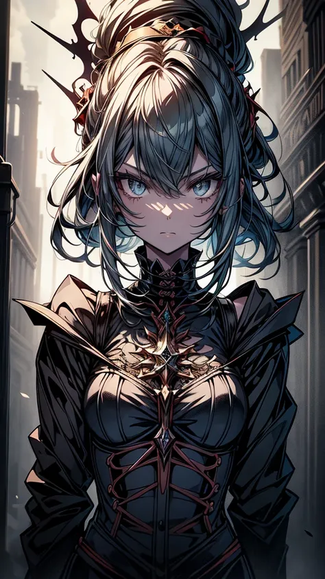 (a girl with) Aura-like gothic lighting, realistic Gothic-style artwork, detailed skeleton impaling itself with a sword in the neck, dark atmospheric background, high-res masterpiece:1.2, ultra-fine painting, professional, vivid colors