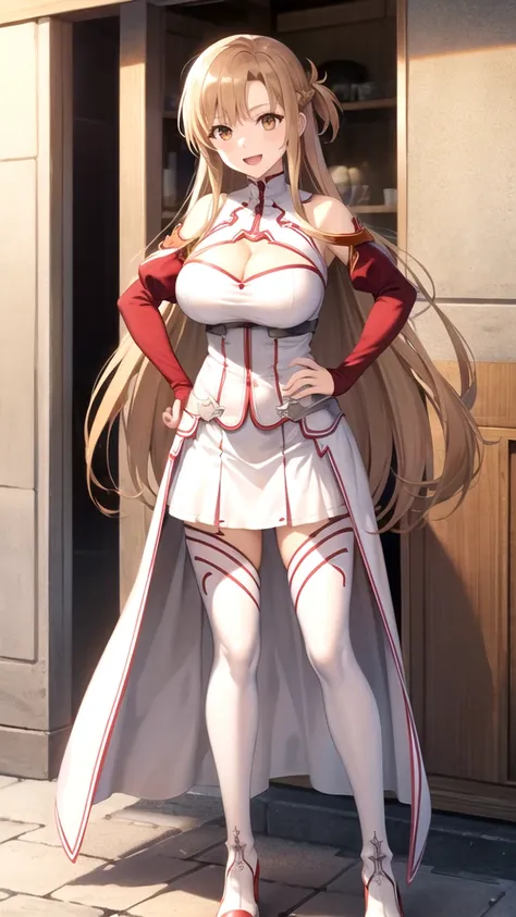 aaasuna,long hair, brown hair, braid, brown eyes, large breasts, bell, bare shoulders, cleavage cutout, frills, black dress, detached sleeves, red sleeves, long sleeves, white thighhighs, standing, outdoors, hand on hip, smile, open mouth,