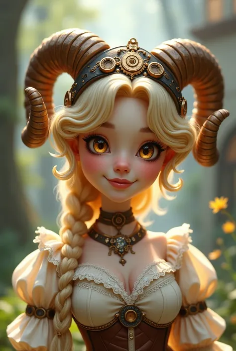 chubby blonde woman, steampunk, ram horns, fantasy park, cream victorian dress, golden eyes, steampunk head piece