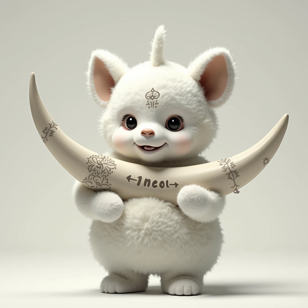 un teletubbie blanc avec une flèche tatoué sur le front. il tient dans ses mains une grande corne de rhinocéros avec une inscription "néo" dessus