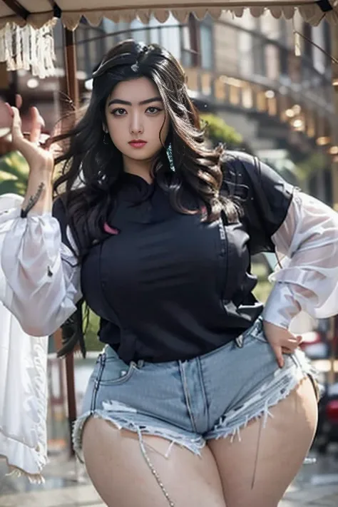 plus size women, plump body, Voluminous, A huge hanging silk shirt, big breasts, Thick thighs, tall woman, Beautiful hair, long bangs, seductive pose, sideward pose, twerk like pose, very long hair, extreme thick thighs