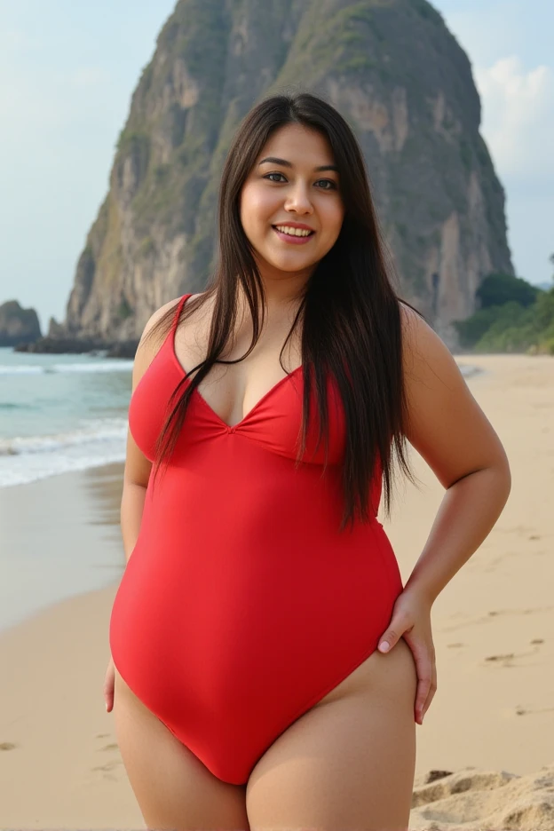 full body photography of a chubby Asian, wearing red swimsuit , long hair hanging front, at beach , fat face, double chin, smiling, looking into camera , spectacular lighting, gorgeous, photoshoot, Asian, big blue eyes, tannend skin, (masterpiece), best qu...